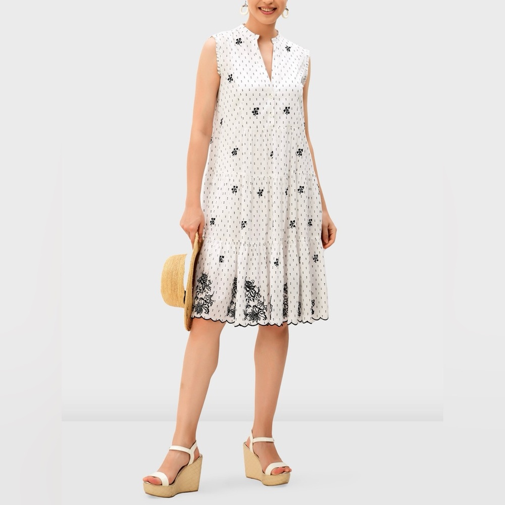 Eshakti Embroidered Swiss Dot Cotton Tiered Midi Dress White/Black Size S